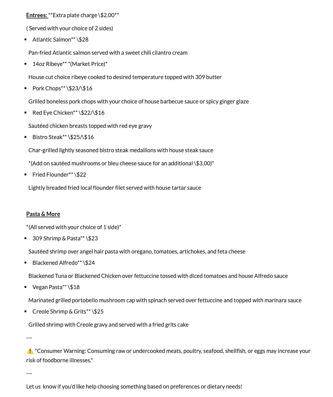 Dinner entrees and pasta dishes at 309 Bistro Edenton NC