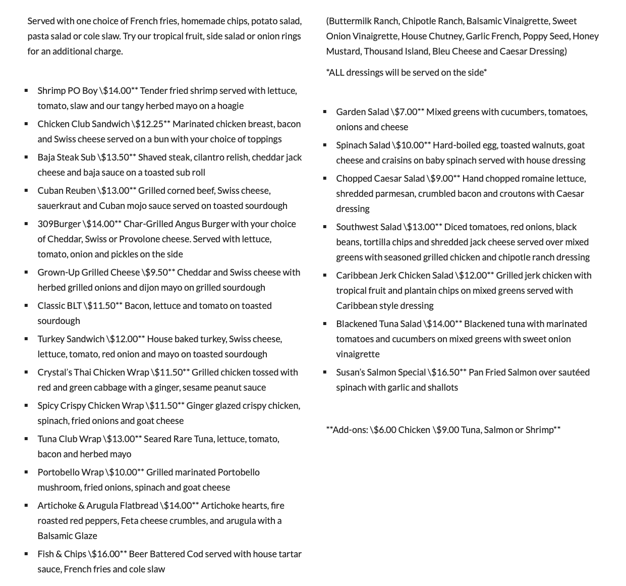 lunch menu 309 Bistro Edenton NC 